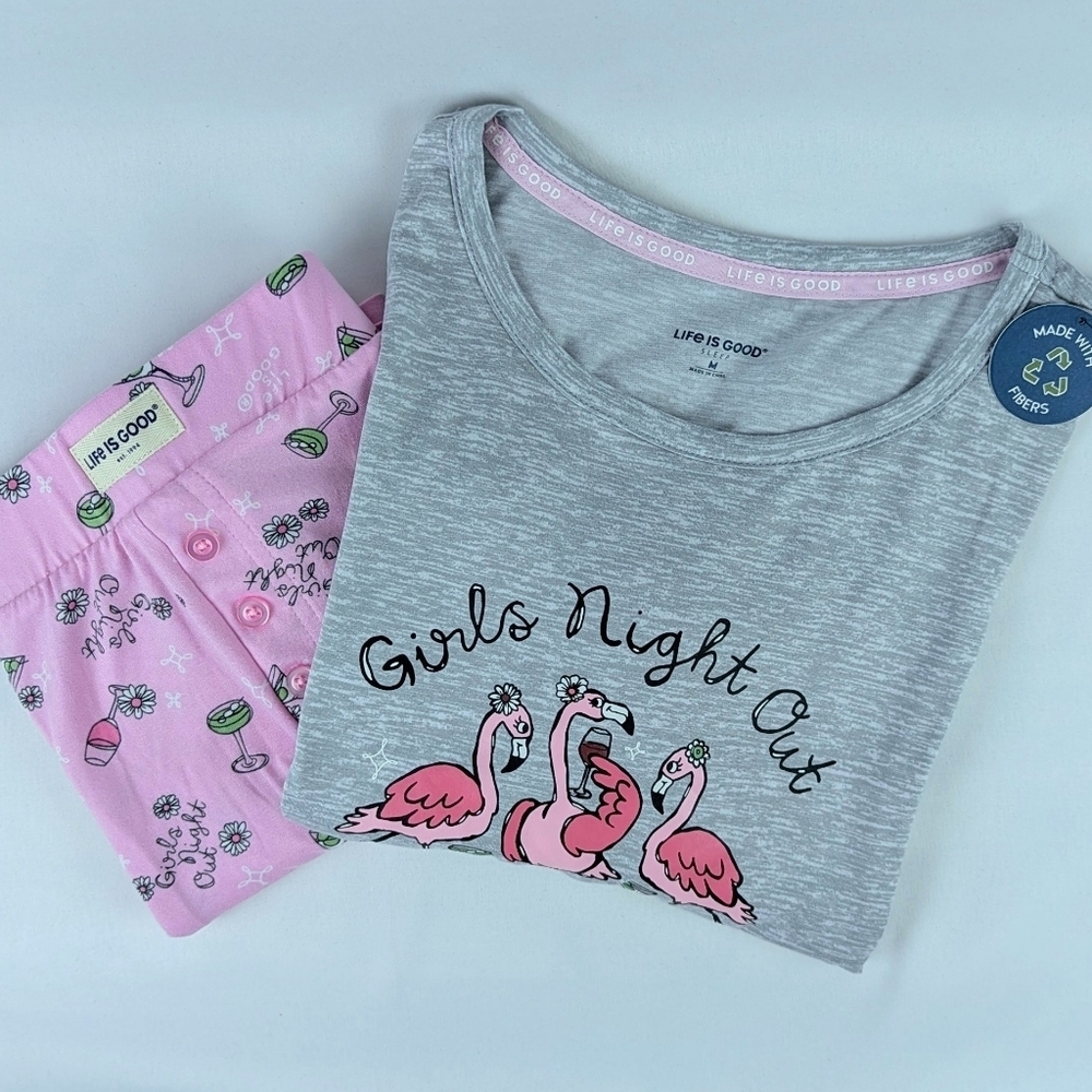 Life Is Good Flamingo Girls Night Out PJ Set Short Sleeve Shorts Pink Grey M NWT